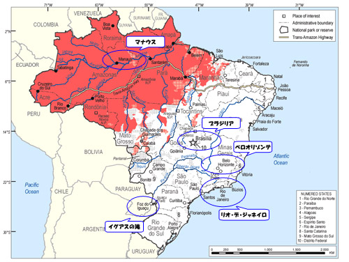 南米　ブラジルのマラリア危険地域　マラリア予防薬の服用を推奨する地域